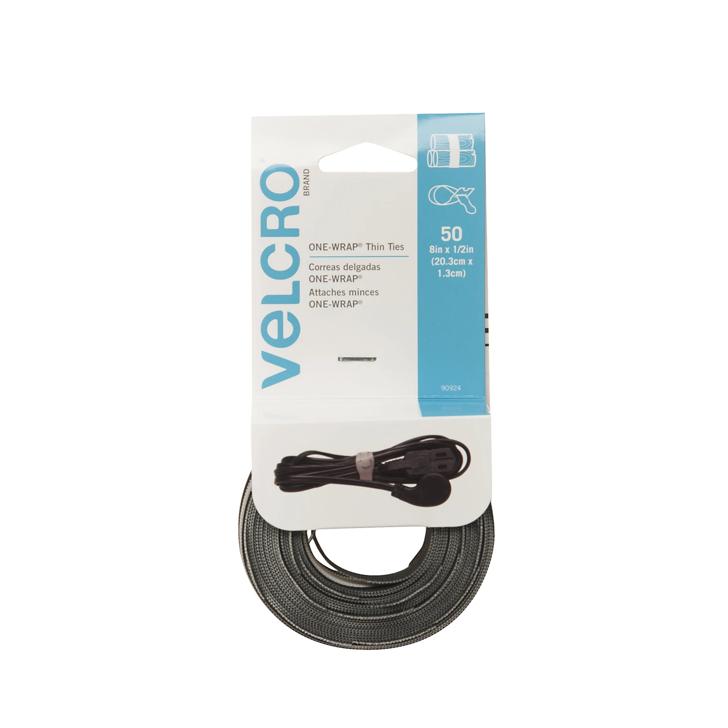 VELCRO Brand One Wrap 90924 Hook and Loop Fastener, 1/2 in W, 8 in L, Black/Gray