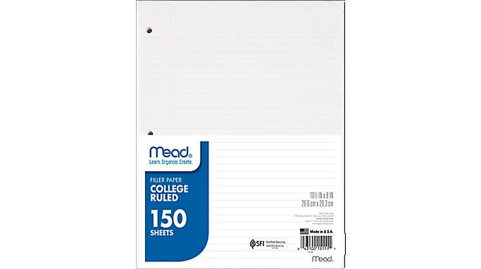 College Ruled Notebook Paper, 150 Sheets, 8" X 10.5" Size