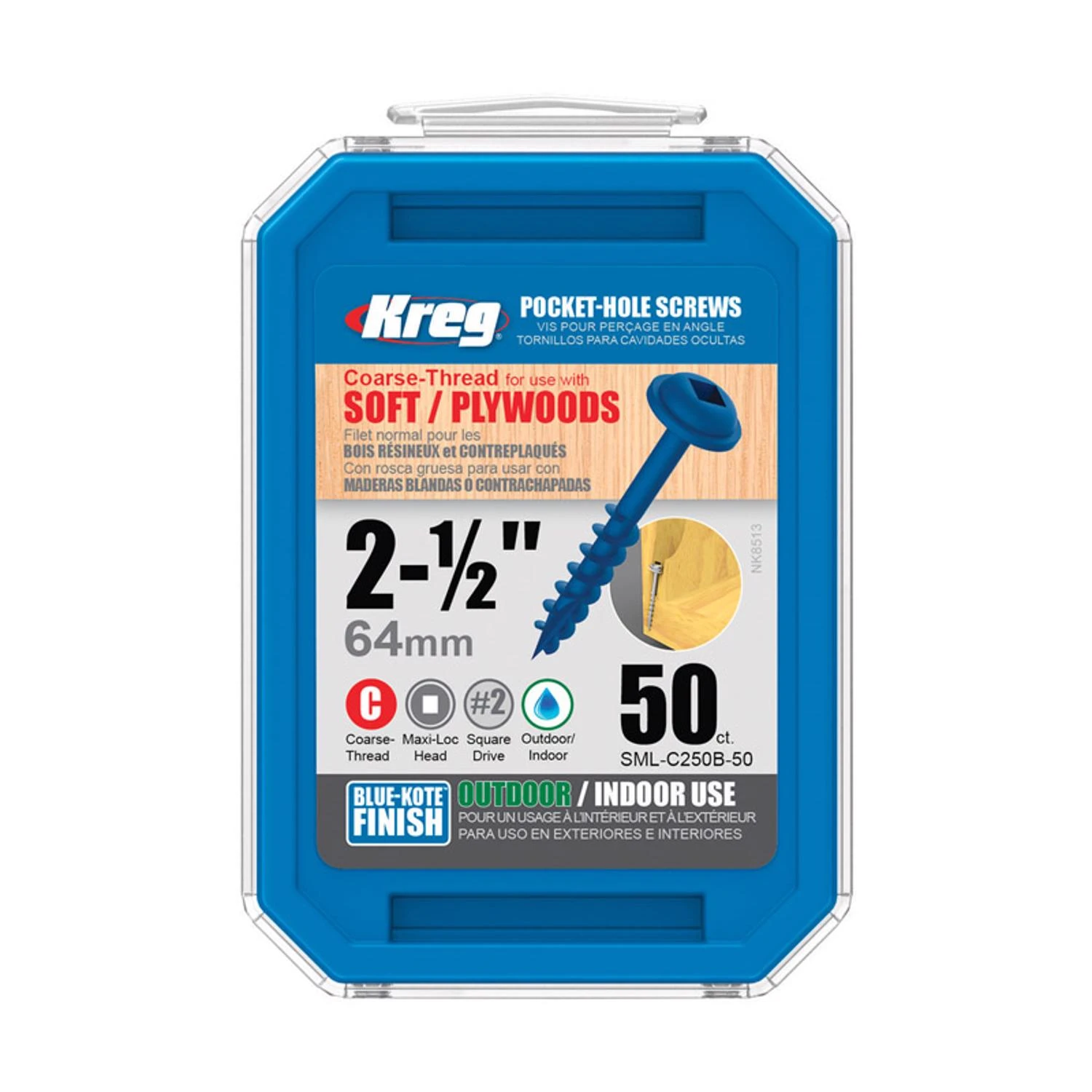 Kreg Blue-Kote SML-C250B-50 Pocket-Hole Screw, #8 Thread, Coarse Thread, Square Drive, Carbon Steel, 50/PK