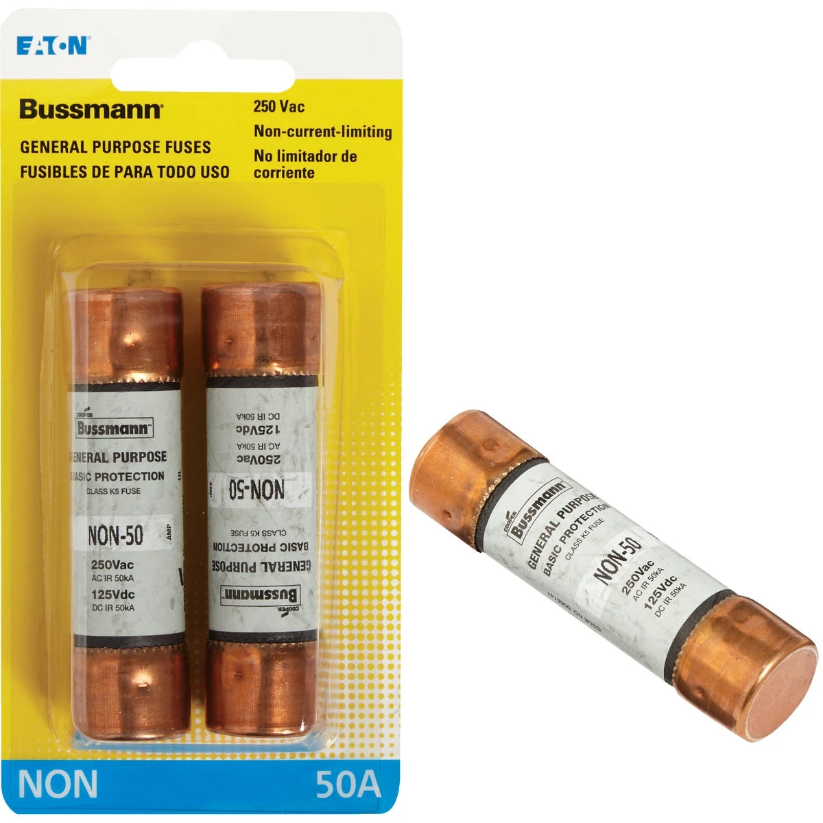Bussmann NON Series BP/NON-50 Fuse, 50 A, 250 VAC, 125 VDC, 50 kA Interrupt, Melamine Body, K5, Cartridge Fuse