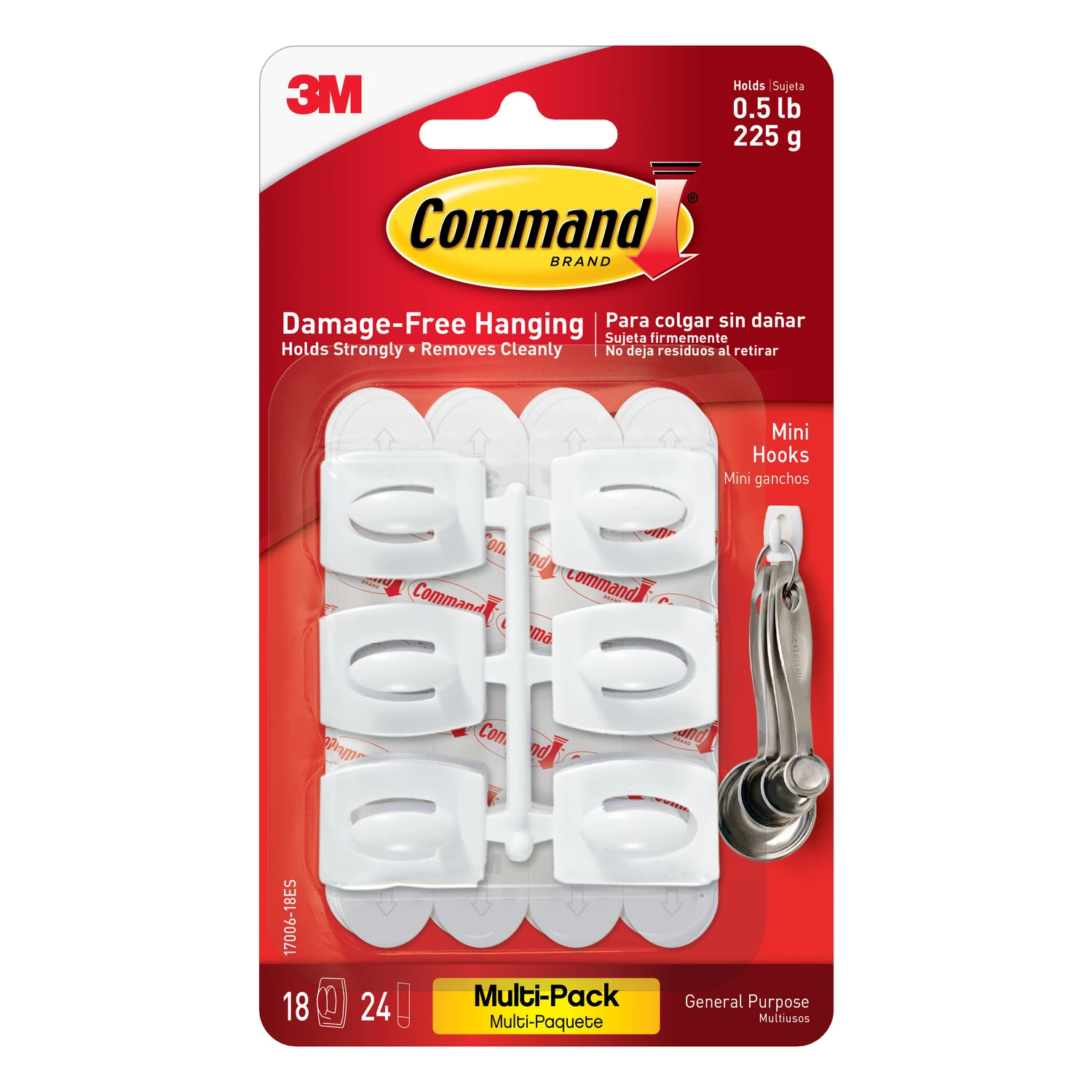Command 17006-VP Adhesive Hook, 0.5 lb, 18 -Hook, Plastic, White