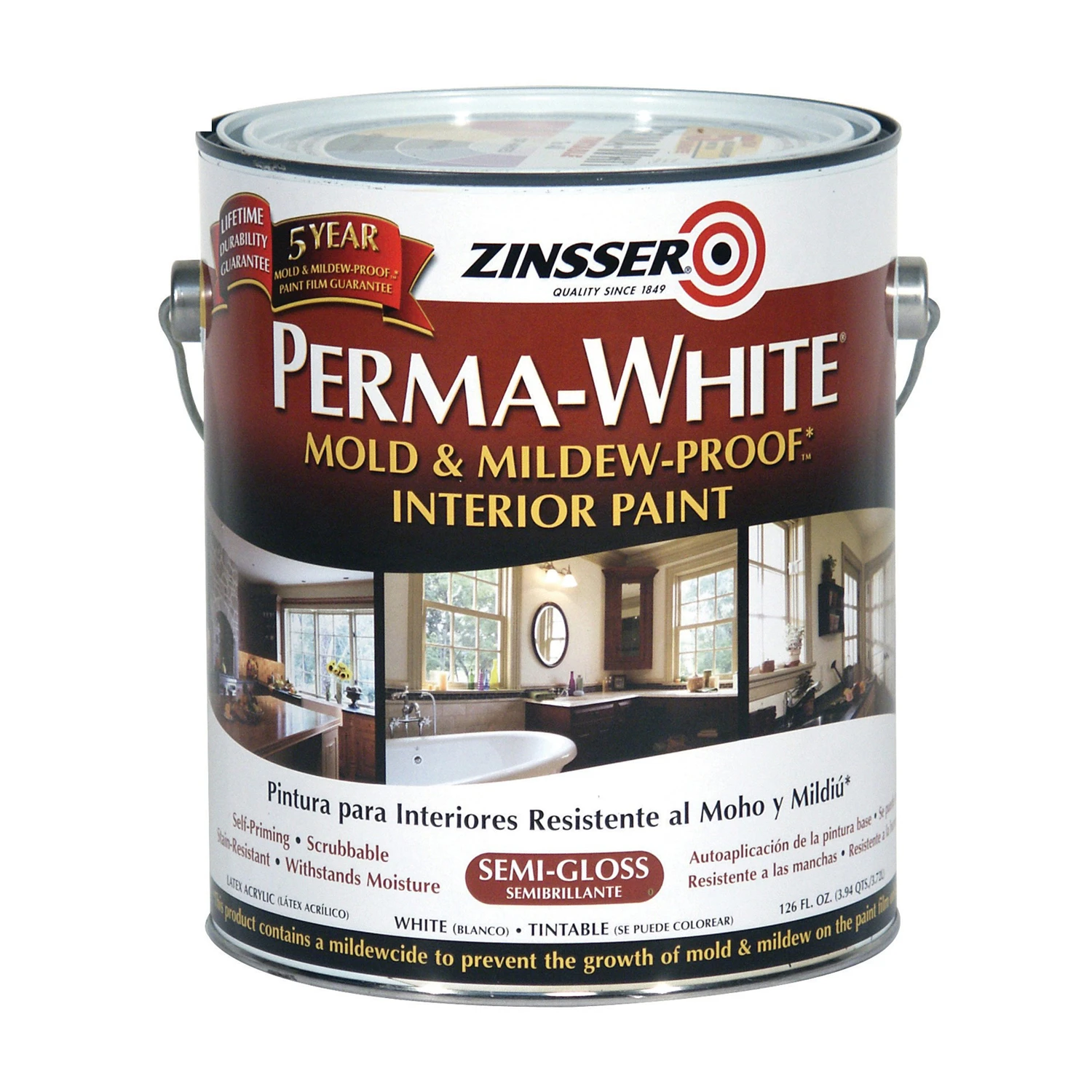 Zinsser 2761 Mold & Mildew Proof Interior Paint, White Semi-Gloss, Gallon