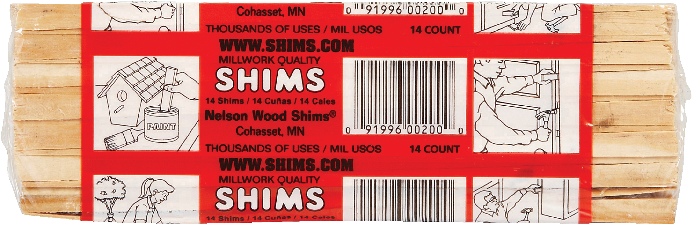 Nelson PSH8/12/36/65 Shim, 8 in L, 1-3/8 in W, 1/4 in Thick, Pine Wood