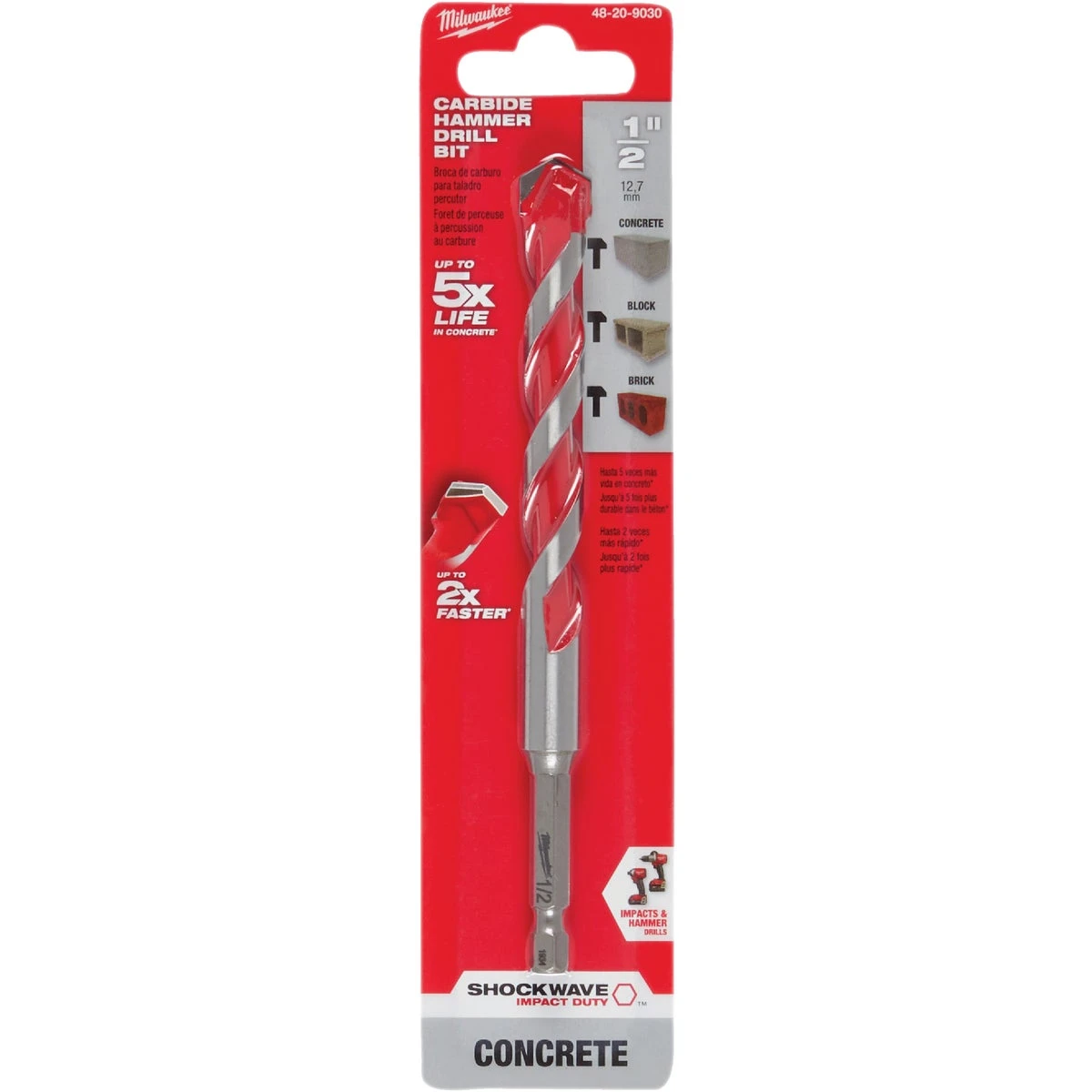 Milwaukee SHOCKWAVE 48-20-9030 Drill Bit with Power Tip, 1/2 in Dia, 6 in OAL, Wide Flute, 1/4 in Dia Shank, Hex Shank