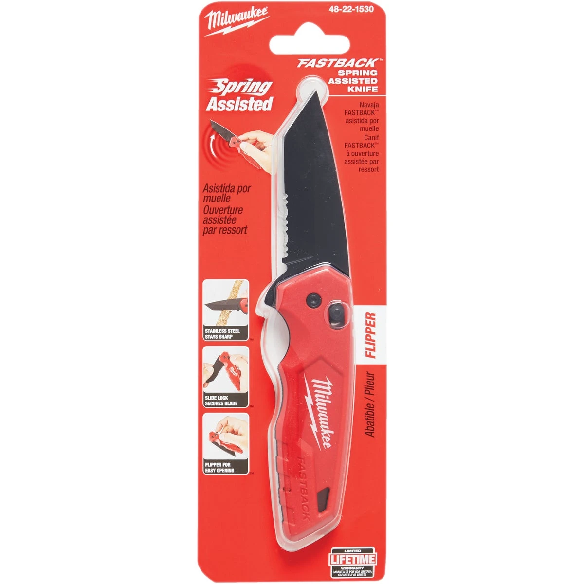 Fastback 8-1/4 In. Serrated Folding Knife, Model 48-22-1530, Red, 1 Pk