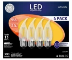 GE 92677 LED Bulb, 120 V, 300 Lumens, 4 W, CA Lamp, 40 W Equivalent, Dimmable, Soft White, 2700 K Color Temp