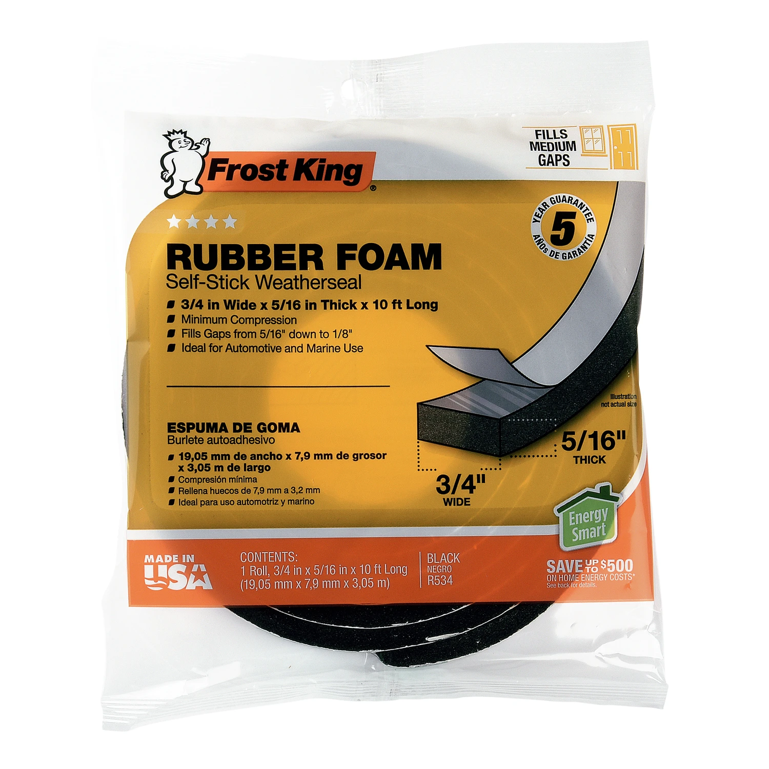 Rubber Foam Weatherseal Tape, 3/4W x 5/16 In. T x 10 Ft.