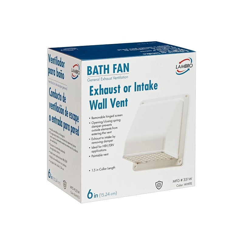 6 In. Exhaust Wall Hood Vent or Fresh Air Intake Vent, Spring Loaded Damper, White Plastic