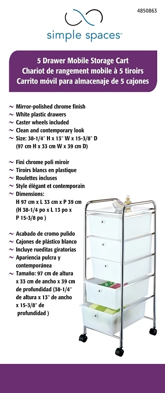 G005-ch 5-drawer Storage Cart With Chrome Frame