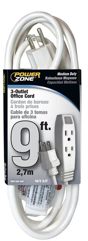 3 Outlet Office Extension Cord, White, 9 Feet Long