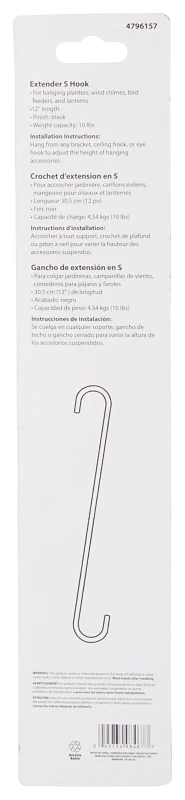 Gb0123l 12-inch Black S Extender Hook For Hanging Plants And Decor