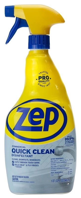 Zep ZUQCD32 Quick Clean Disinfectant, 32 oz, Liquid, Light Blue