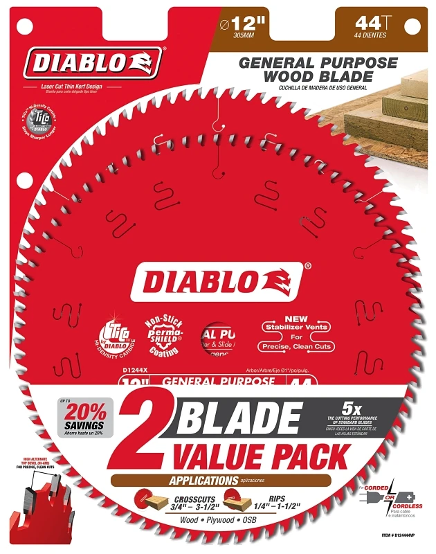 Diablo D124444VP Saw Blade, 12 in Dia, 44-Teeth, Carbide Cutting Edge