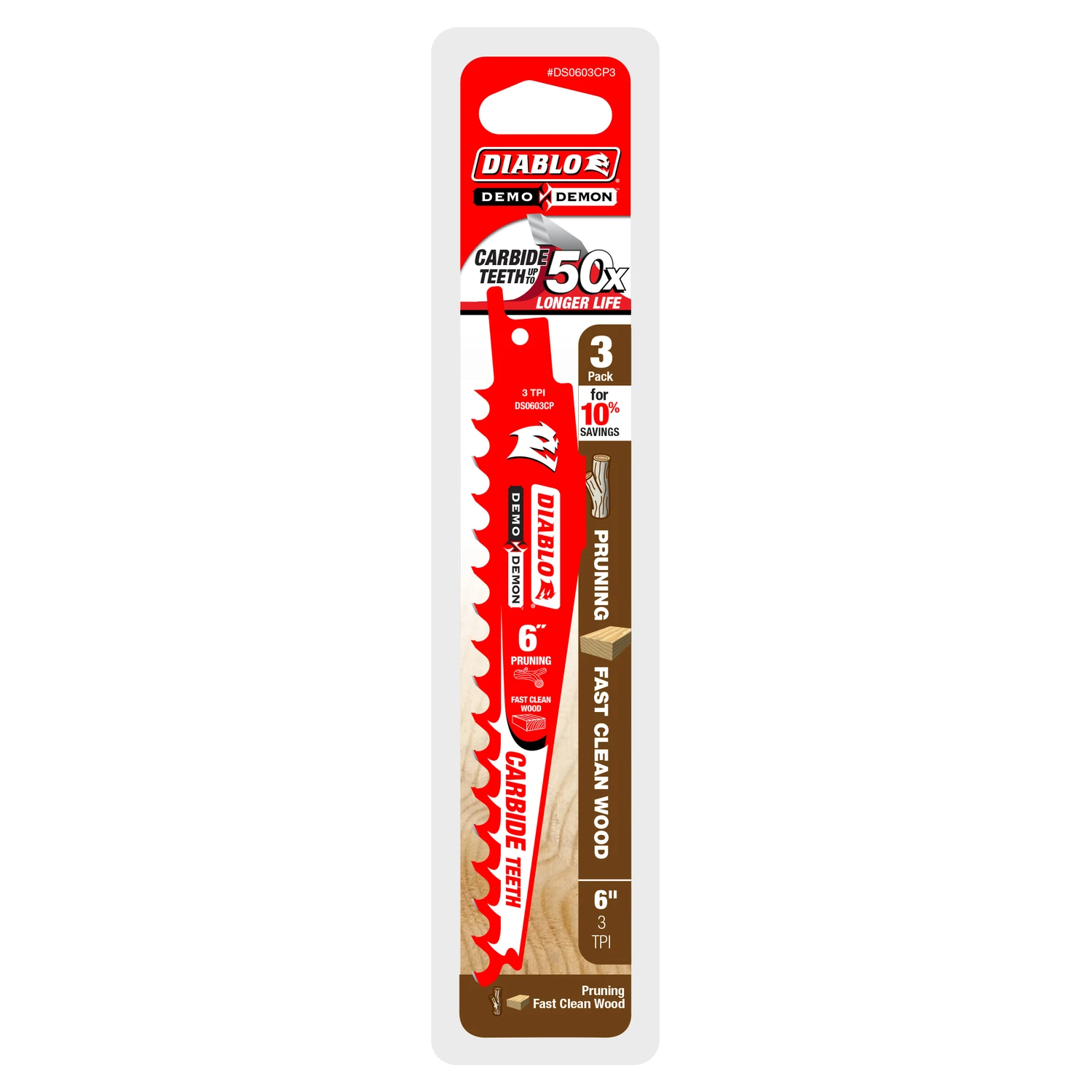 Diablo DS0603CP3 Reciprocating Saw Blade, 1 in W, 6 in L, 3 TPI, Carbide Cutting Edge