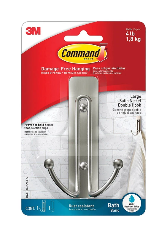 Command BATH36-SN-ES Large Double Bath Hook, 4 lb, 1-Hook, Metal/Plastic, Satin Nickel
