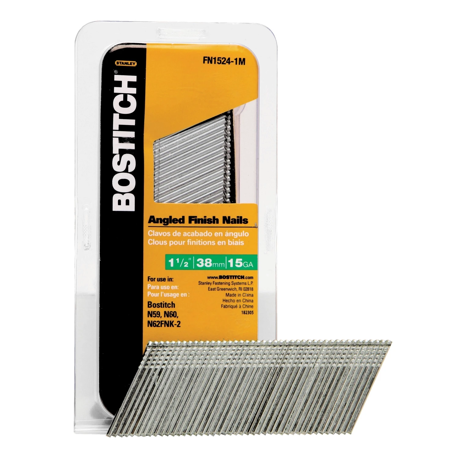Bostitch FN1524-1M Finish Nail, 1-1/2 in L, 15 ga Gauge, Steel, Bright, Flat Head, Smooth Shank