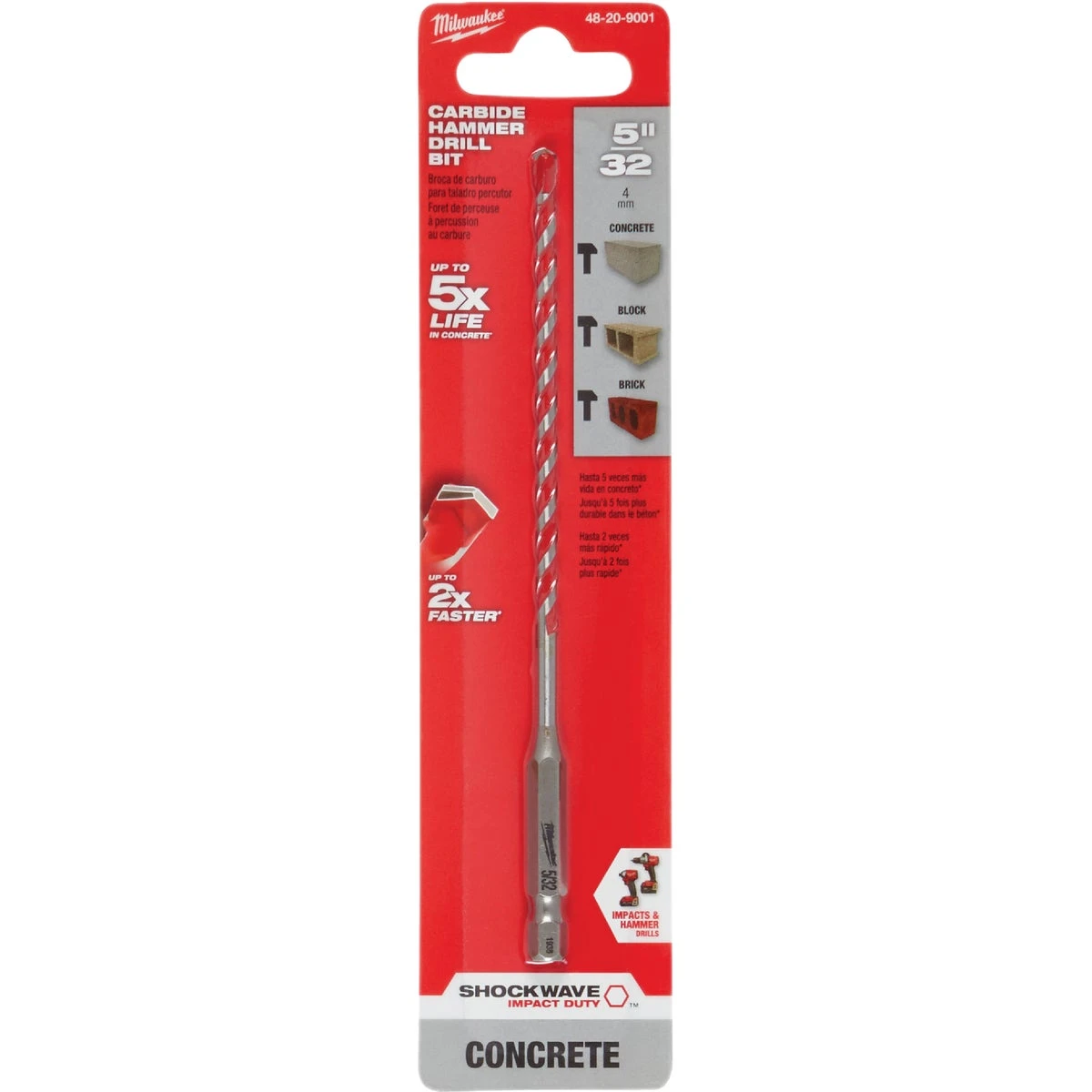 Milwaukee SHOCKWAVE 48-20-9001 Drill Bit, 5/32 in Dia, 6 in OAL, Wide Flute, 1/4 in Dia Shank, Hex Shank