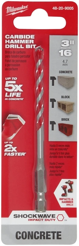 Milwaukee SHOCKWAVE 48-20-9005 Drill Bit, 3/16 in Dia, 4 in OAL, Wide Flute, 1/4 in Dia Shank, Hex Shank