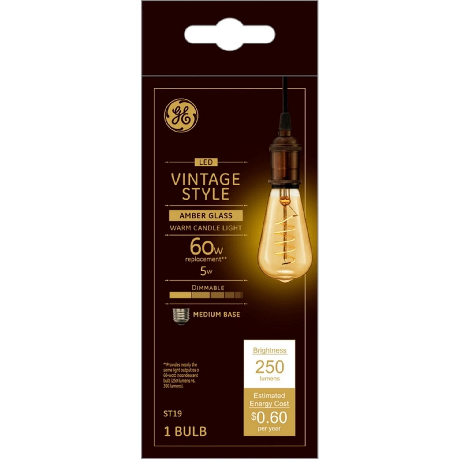 GE 36507 LED Bulb, Decorative, ST19 Lamp, 60 W Equivalent, Dimmable, Amber