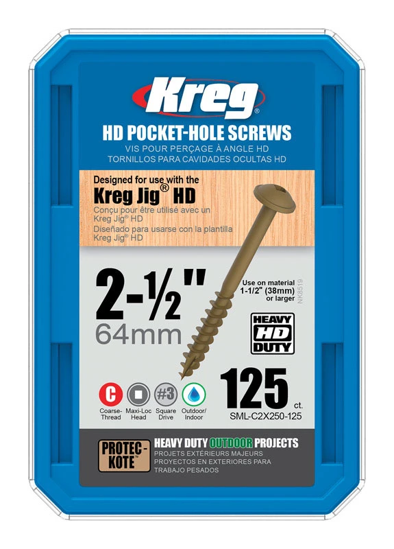 Kreg SML-C2X250-125 Pocket-Hole Screw, #14 Thread, 2-1/2 in L, Coarse Thread, Washer Head, Square Drive, Steel, 125 PK