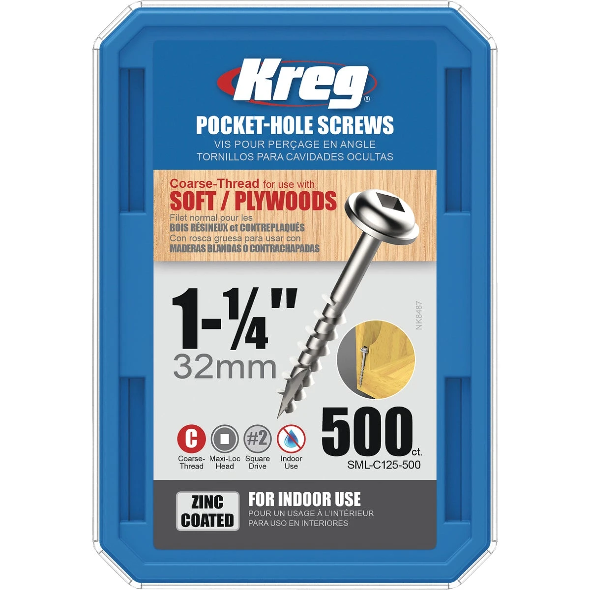 Kreg SML-C125 - 500 Pocket-Hole Screw, #8 Thread, 1-1/4 in L, Coarse Thread, Square Drive, Carbon Steel, 500/PK