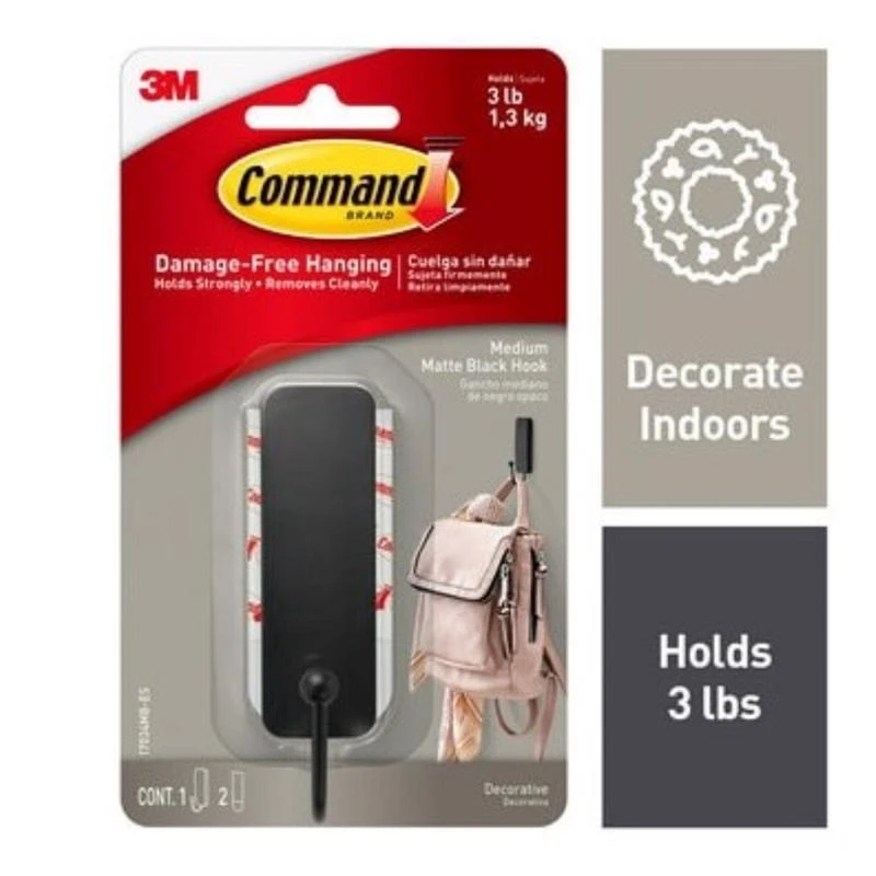 Command 17034MB-ES Medium Decorative Hook, 1 in W, Metal/Plastic, Matte, 3 lb