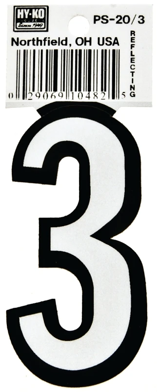 Hy-ko Ps-20/3 Reflective Vinyl House Number 3, 3.25 In, Pack Of 10