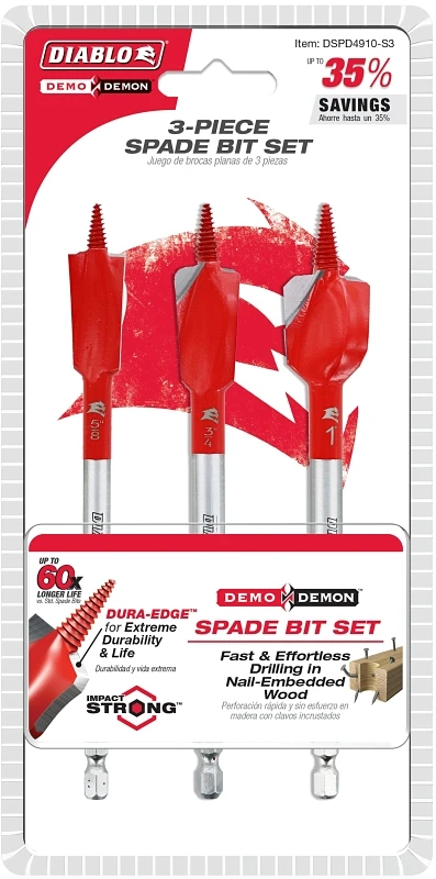 Demo Demon Spade Bit Set 3-piece 6 In. High Carbon Steel For Nail-embedded Wood