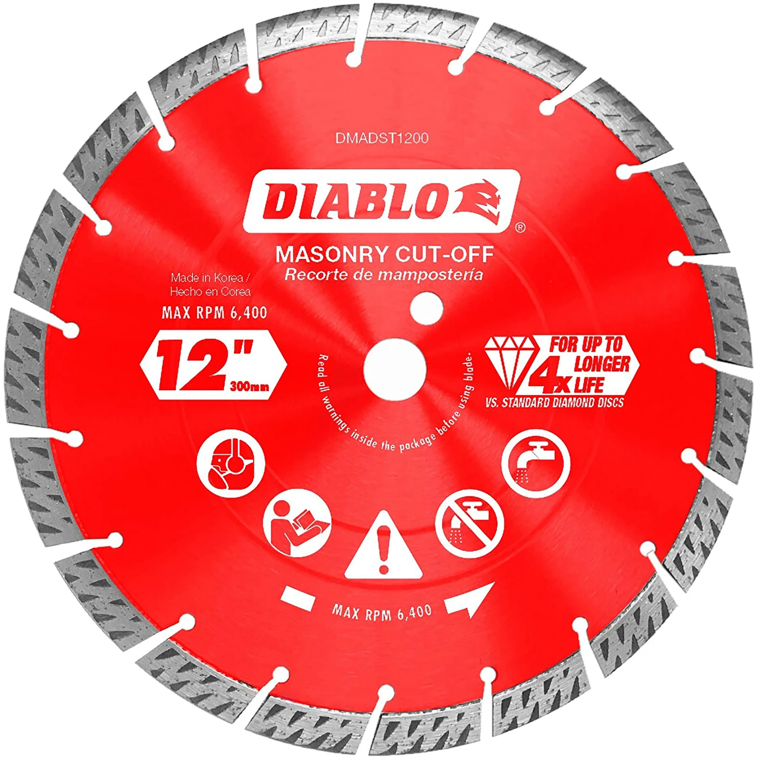 12 In. Segmented Turbo Rim Diamond Cut-off Disc, 1 In. Arbor, 6400 Rpm