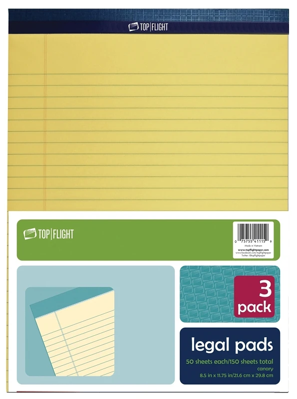 Legal Pad, 8.5 X 11.75 In, 50 Sheets, Canary Yellow, Pack Of 12