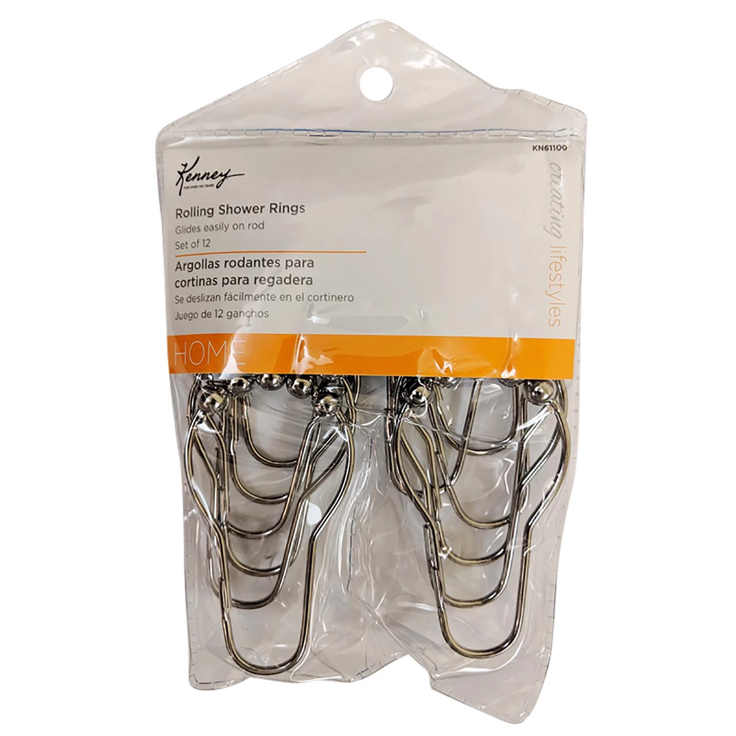 Chrome Metal Shower Curtain Rings 12 Pk, Model Kn61100v2, Beaded Roller Design