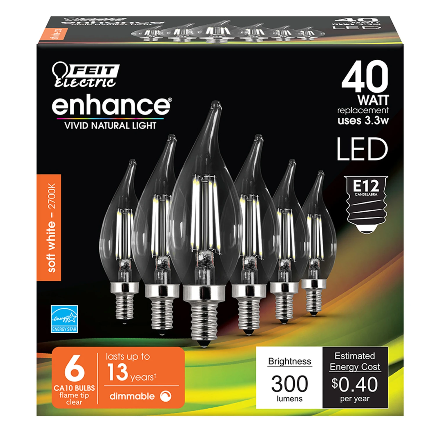 Feit Enhance Ca10 E12 Filament Led Bulb Soft White 40w Equivalence 6 Pk, 300 Lumens