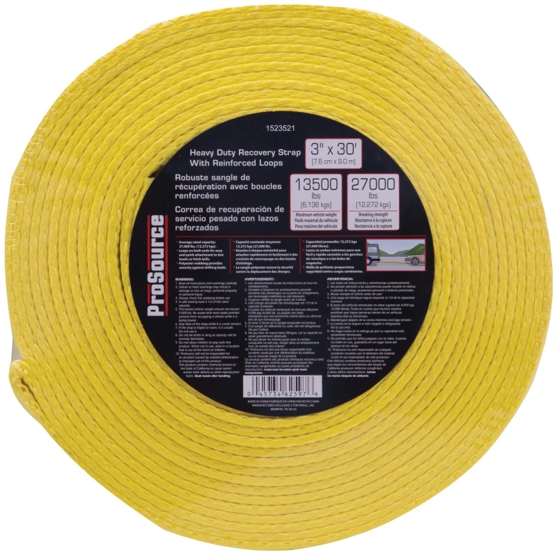 Fh64064 Recovery Strap, 3 In W X 30 Ft L, 27,000 Lb Capacity, Yellow