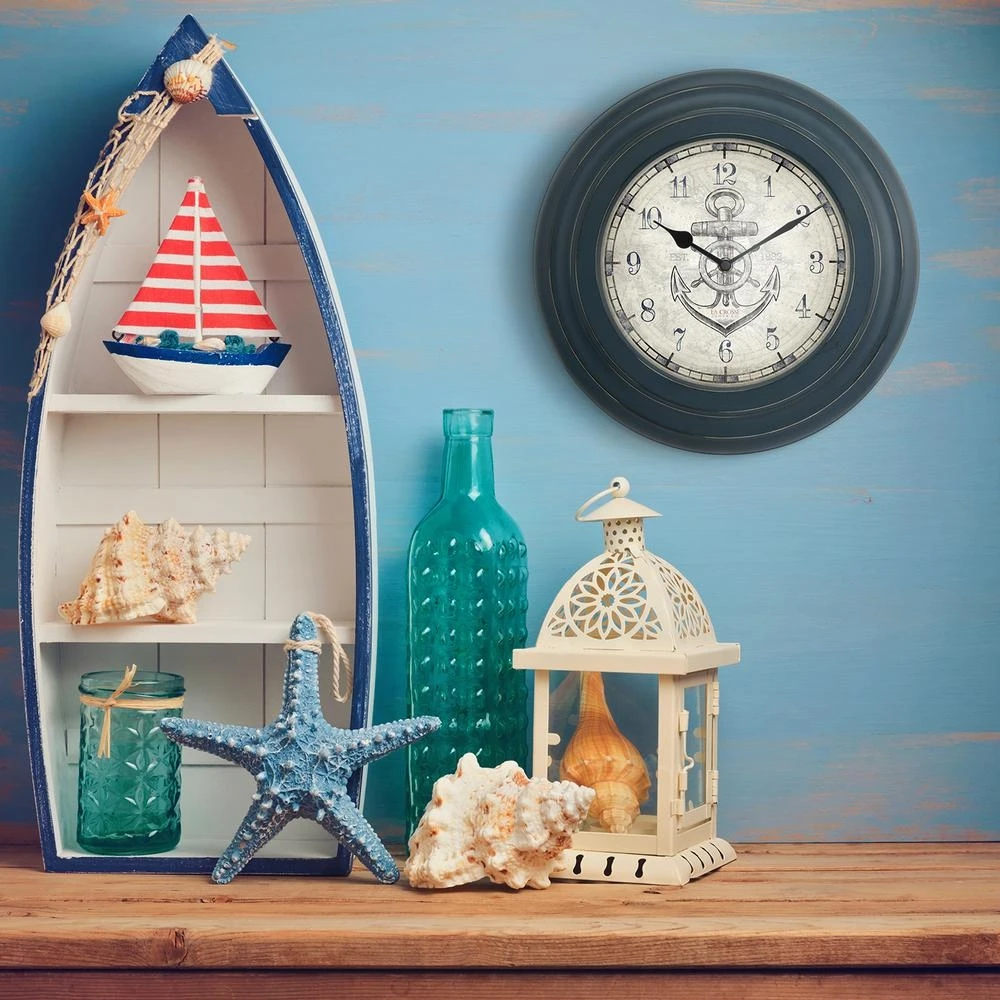14 Inch Distressed Blue Metal Quartz Wall Clock With Anchor Dial Model Bbb85395