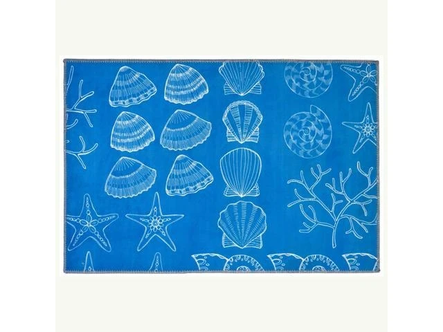 2' X 5' Blue And White Rectangular Shell Seekers Polyester Indoor Area Throw Rug