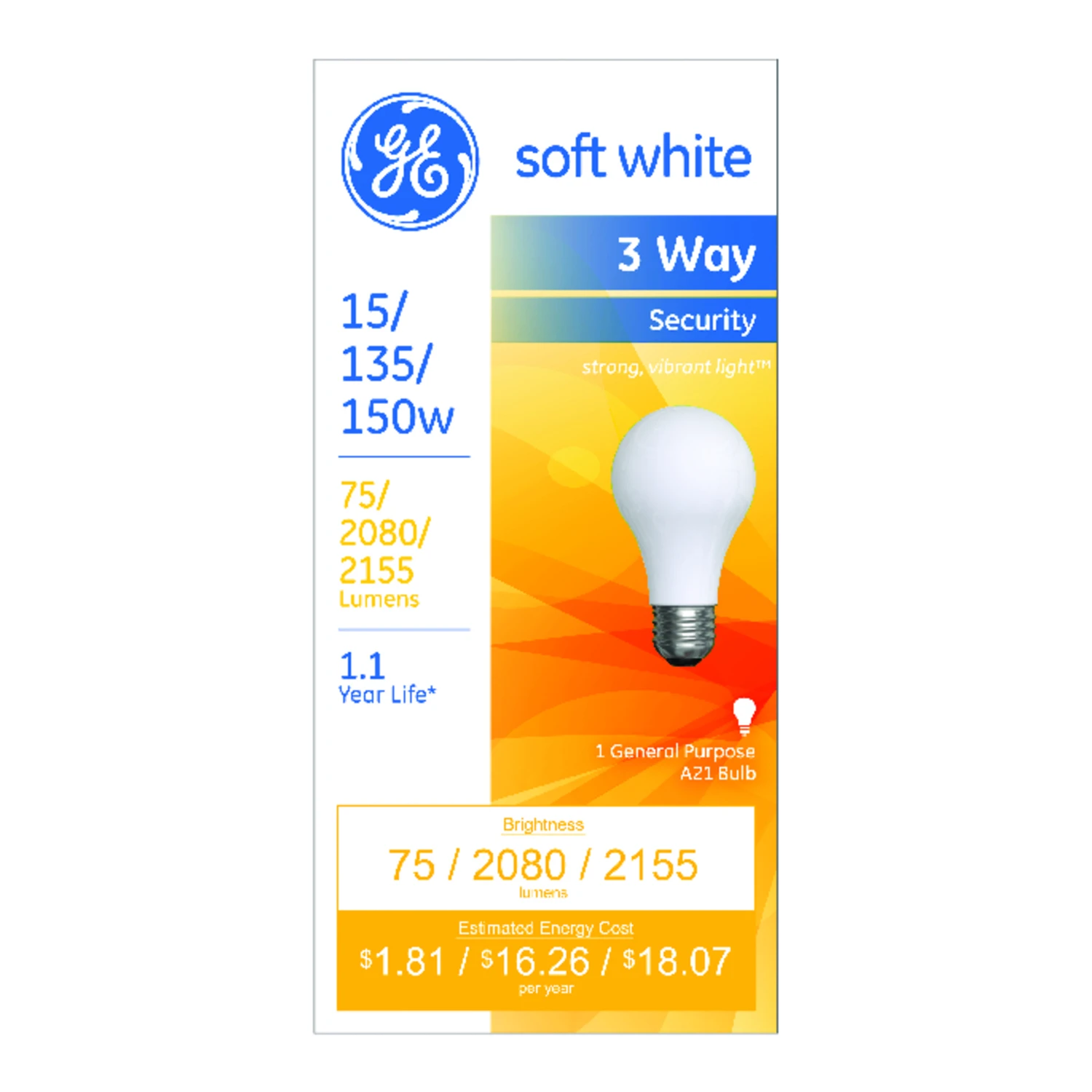 GE 20/135/155 watts A21 Incandescent Bulb 120/2,080/2,200 lumens Soft White A-Line 1 pk