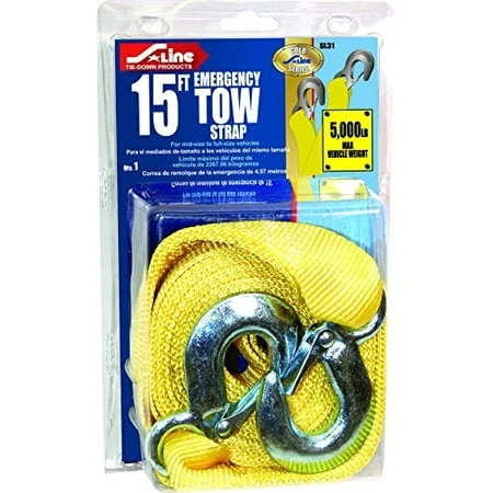 Sl31 Recovery Tow Strap, 2 Inch X 15 Feet, 5000 Pounds Capacity With Safety Hooks