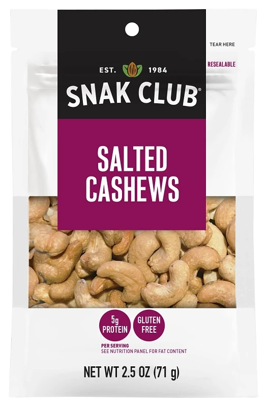 Salted Cashews 2.5 Oz Bag - 6 Pack, 5g Protein Per Serving, Model 1721330