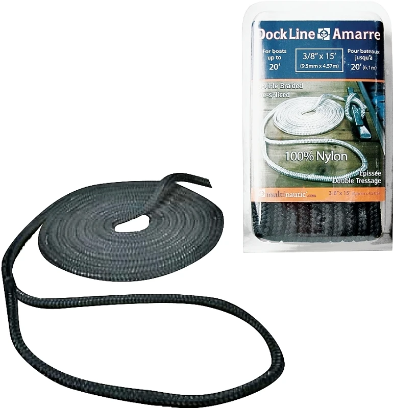 15' Black Nylon Dock Lines, Pre-spliced, Marine-grade, Model 34901