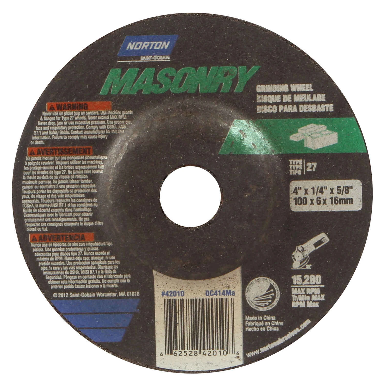 Masonry 4 In. Diameter X 1/4 In. Thick X 5/8 In. Arbor Grinding Wheel