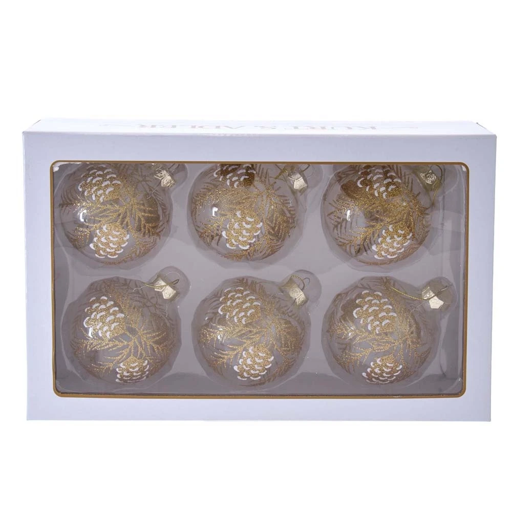 6-piece Pinecone Glass Ball Ornaments Set - 80 Mm Clear With Gold Finish