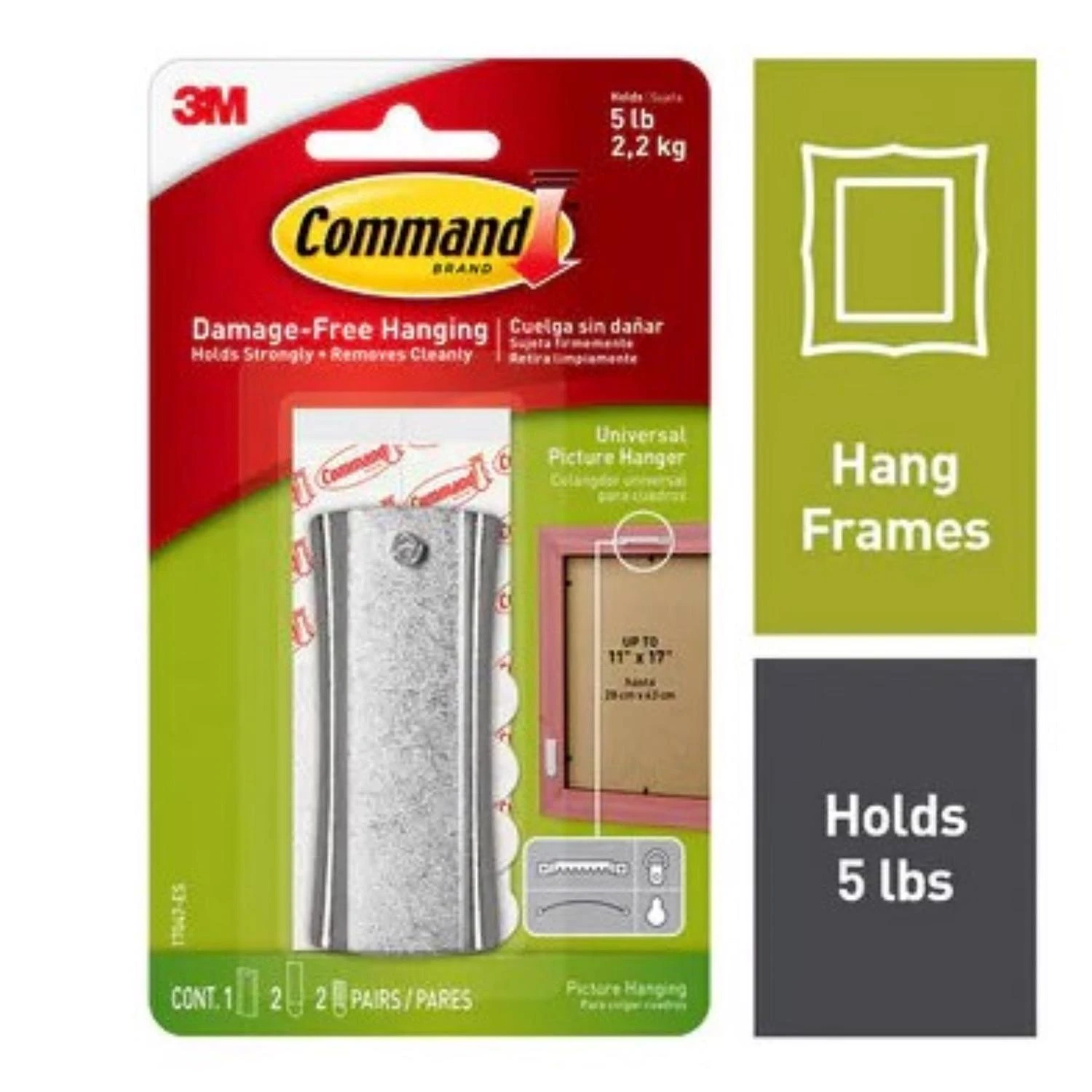 Command 17047-3ES Large Picture Hanger Hook, 5 lb, 3-Hook, White