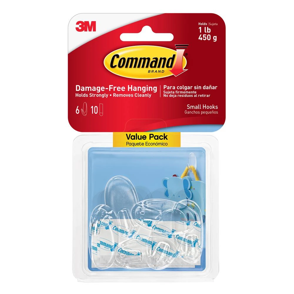 Command 17092CLR-6ES Adhesive Hook, 1 lb Weight Capacity, Plastic