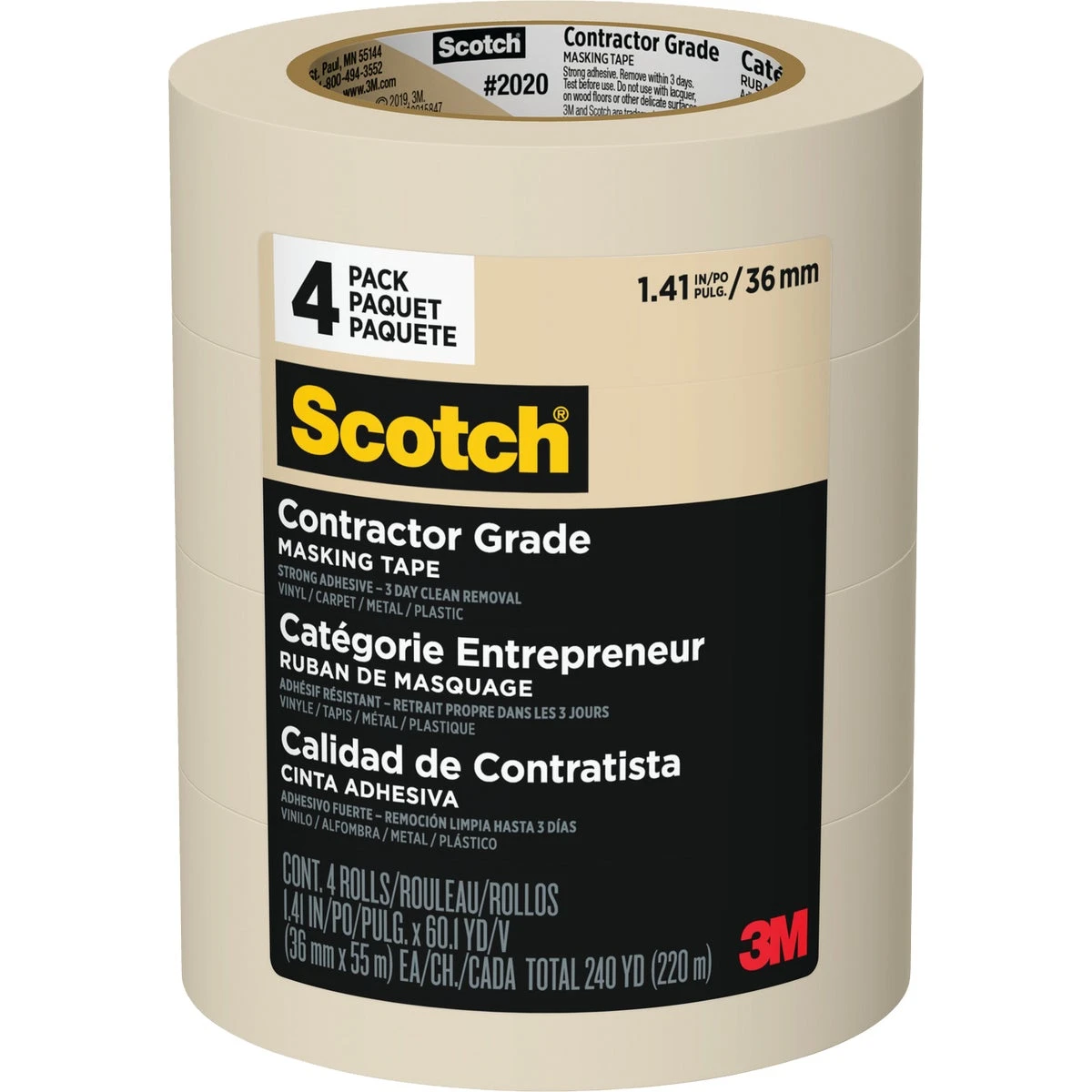 Scotch 1.41 In. X 60.1 Yd. Contractor Grade Masking Tape (4-pack) - Beige