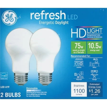 GE 93129422 Light Bulb, 75 W Equivalent, Medium Lamp Base, Dimmable, Daylight, 5000 K Color Temp