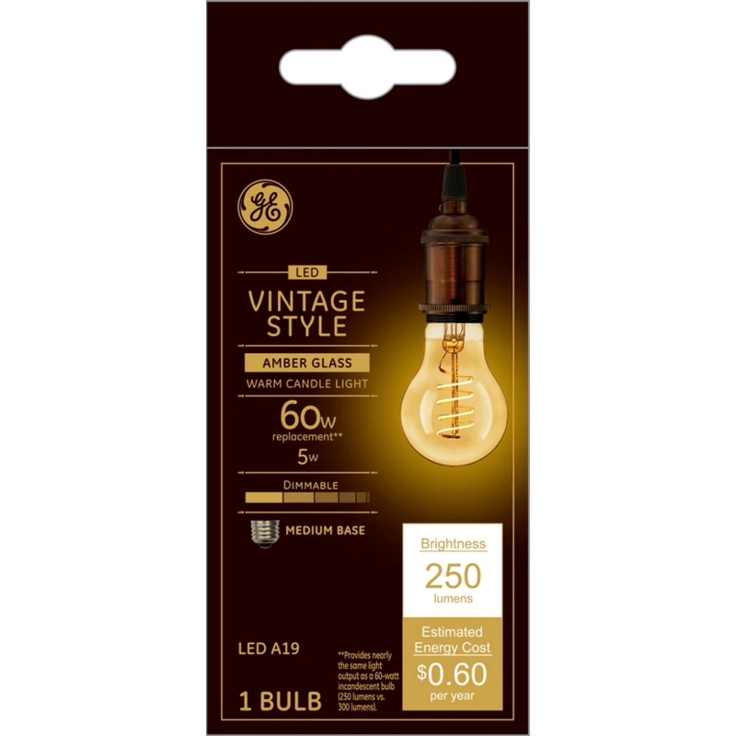 GE Industrial Solutions 36505 LED Bulb, General Purpose, A19 Lamp, E26 Lamp Base, Dimmable, Amber, Warm White Light