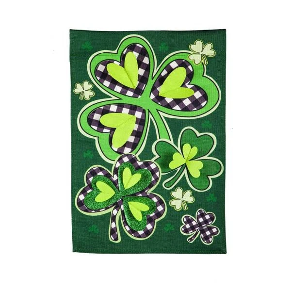 Shamrocks With Checks Garden Burlap Flag - 12.5 X 18 Inches Outdoor Decor
