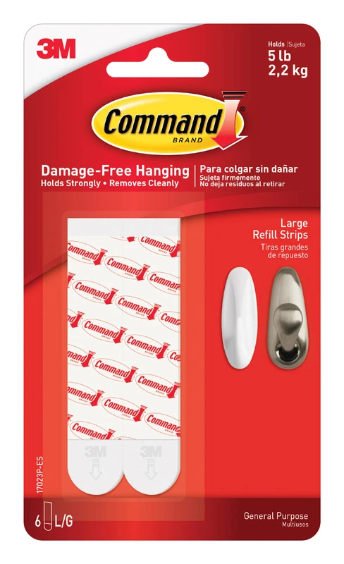 Command 17023-8ESF Large Replacement Strip, 0.747 in W, 3.643 in L, 1/2 in Thick, Foam Backing, White, 2.2 kg