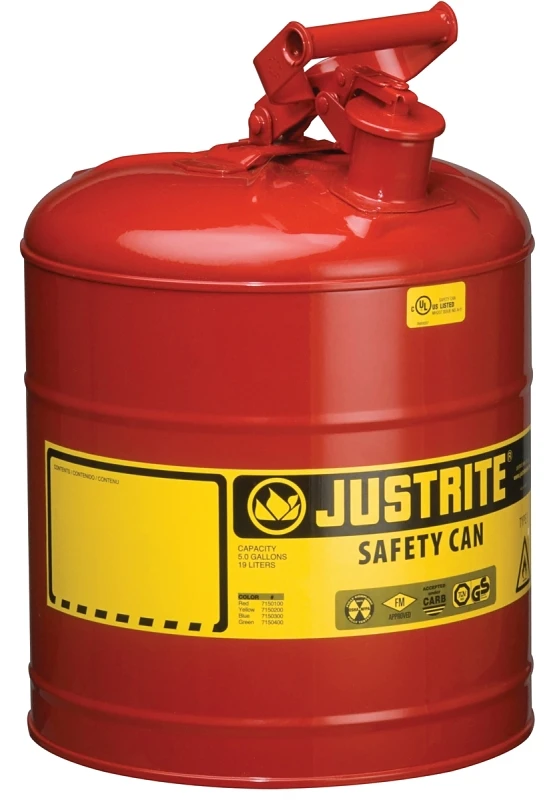 Justrite 5 Gallon Type I Galvanized Steel Safety Fuel Can With Flame Arrester, Red