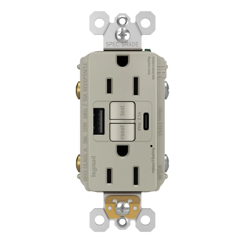 Pass & Seymour Radiant 15A Tamper-Resistant Self-Test GFCI USB Type-A/C Outlet, Nickel